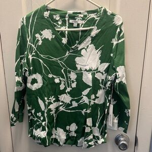 Chico's Green and White Floral Long Sleeve Top